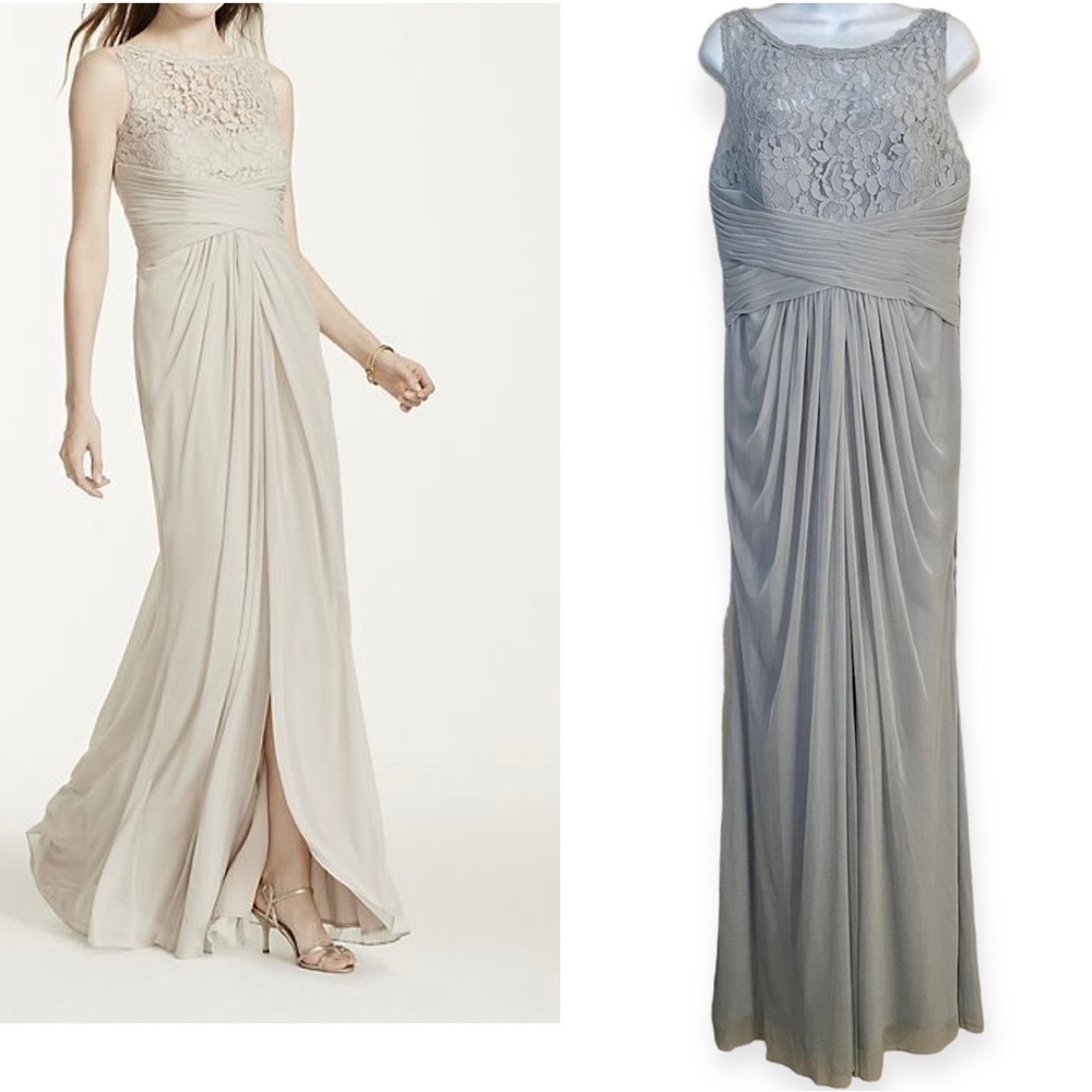 David’s Bridal Mystic Gray Sleeveless Long Mesh Lace Dress 8